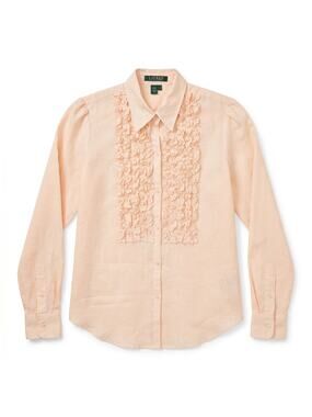 100% Linen Lauren Ralph Lauren M Blush Peach Ruffle-Front  Blouse